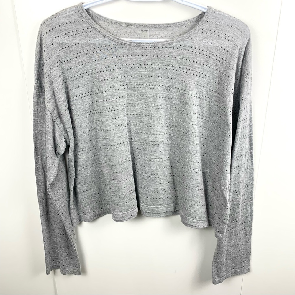 Beyond Yoga L Heather Grey Cropped Long Sleeve Eyelet Pointelle Long Sleeve Top